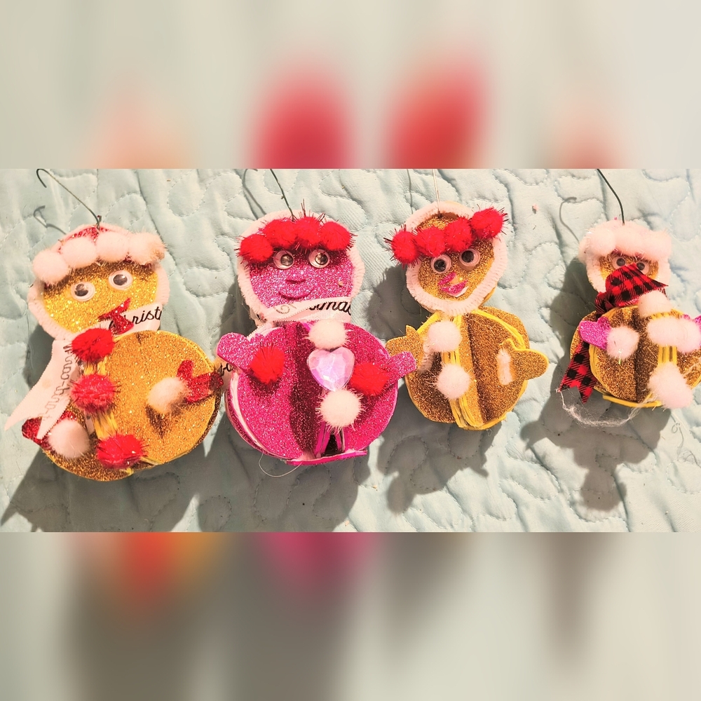 Glittery Snowman Ornament Set in Red, Pink, and Gold